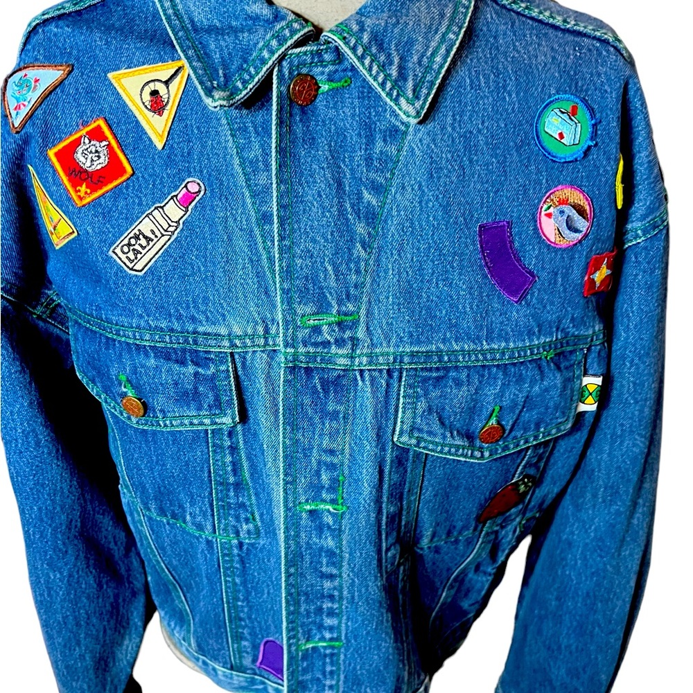 Vintage Cross Colours Denim Jacket women’s size 1; Jean jacket custom patch work